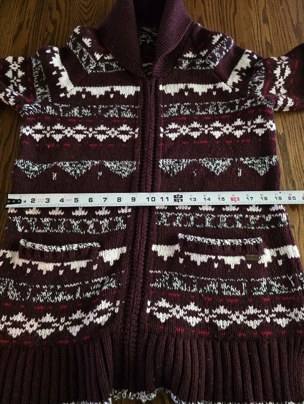 Eddie Bauer Wool Blend Fair Isle Cardigan L Burgundy Nordic Scandi Full Zip - Picture 11 of 13
